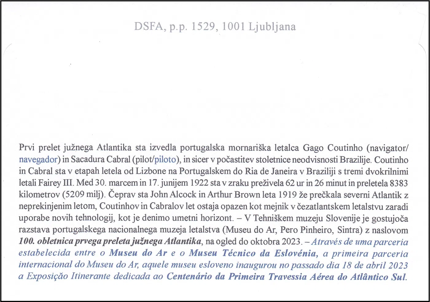 101.OBLETNICA PRVEGA PRELETA JUŽNEGA ATLANTIKA
